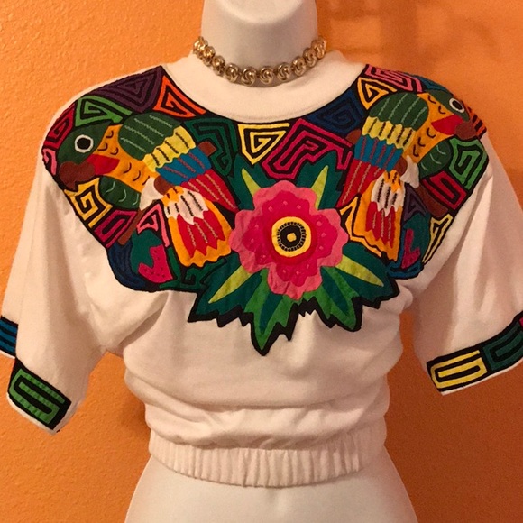 Embroidered Multicolored Elastic Waist Crop Top - Picture 2 of 6